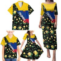 Colombia Yellow Flower Pattern Family Matching Puletasi and Hawaiian Shirt with Flag Colors and Floree de Libertad Design - Wonder Print Shop