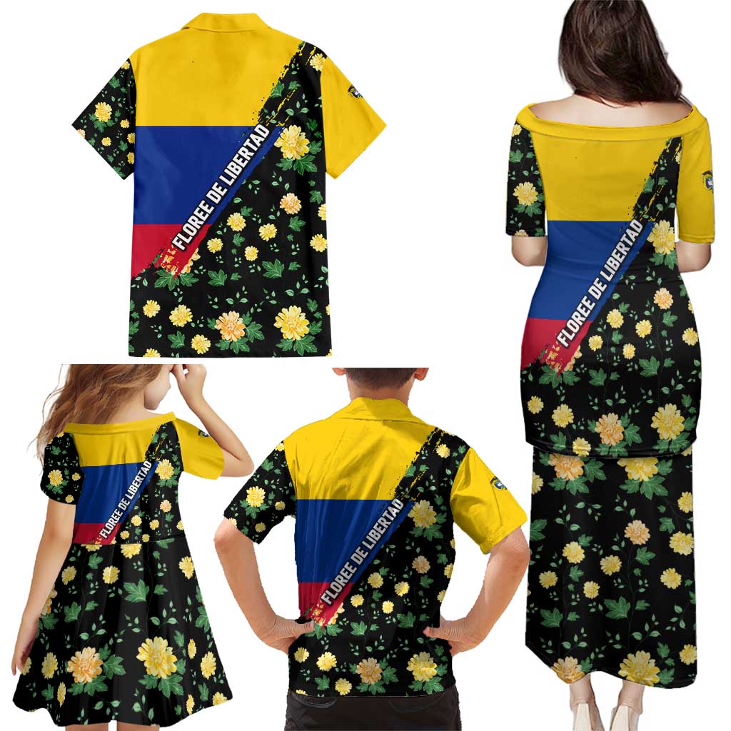 Colombia Yellow Flower Pattern Family Matching Puletasi and Hawaiian Shirt with Flag Colors and Floree de Libertad Design - Wonder Print Shop