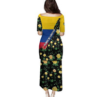 Colombia Yellow Flower Pattern Family Matching Puletasi and Hawaiian Shirt with Flag Colors and Floree de Libertad Design - Wonder Print Shop