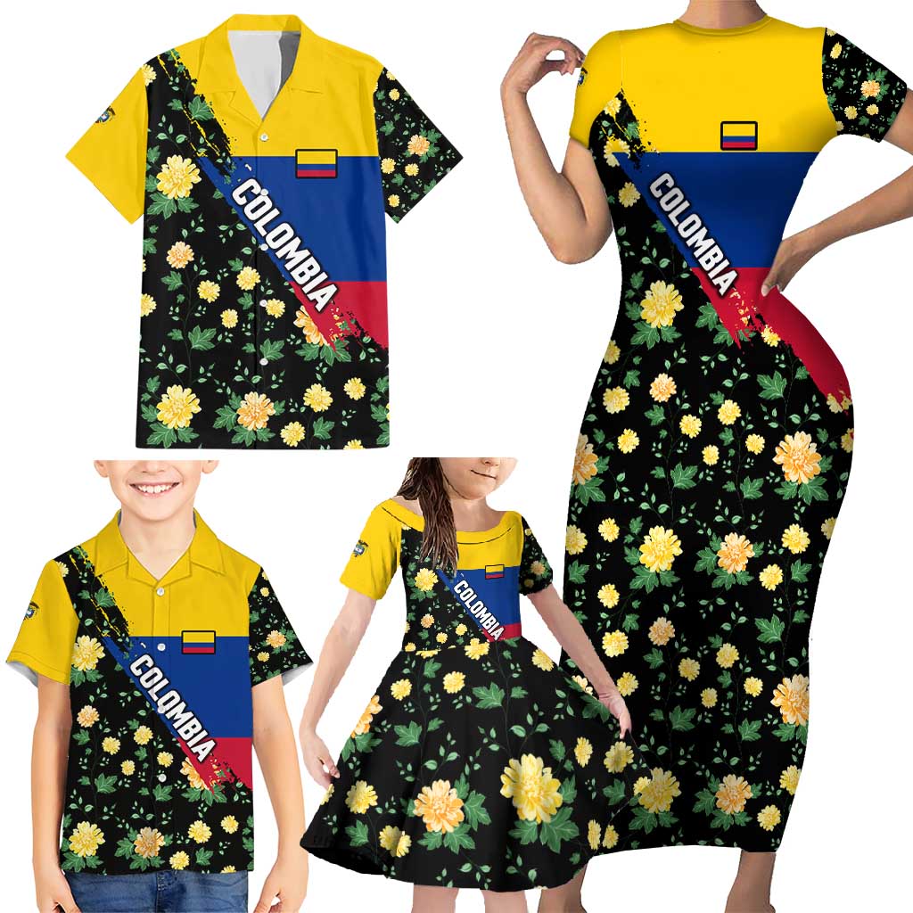 Colombia Yellow Flower Pattern Family Matching Short Sleeve Bodycon Dress and Hawaiian Shirt with Flag Colors and Floree de Libertad Design - Wonder Print Shop