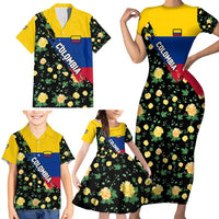 Colombia Yellow Flower Pattern Family Matching Short Sleeve Bodycon Dress and Hawaiian Shirt with Flag Colors and Floree de Libertad Design - Wonder Print Shop