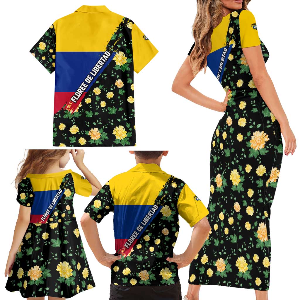 Colombia Yellow Flower Pattern Family Matching Short Sleeve Bodycon Dress and Hawaiian Shirt with Flag Colors and Floree de Libertad Design - Wonder Print Shop