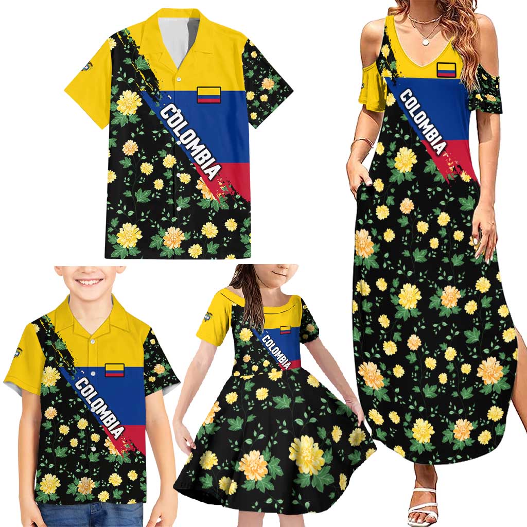 Colombia Yellow Flower Pattern Family Matching Summer Maxi Dress and Hawaiian Shirt with Flag Colors and Floree de Libertad Design - Wonder Print Shop