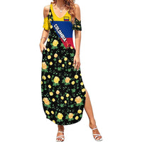 Colombia Yellow Flower Pattern Family Matching Summer Maxi Dress and Hawaiian Shirt with Flag Colors and Floree de Libertad Design - Wonder Print Shop