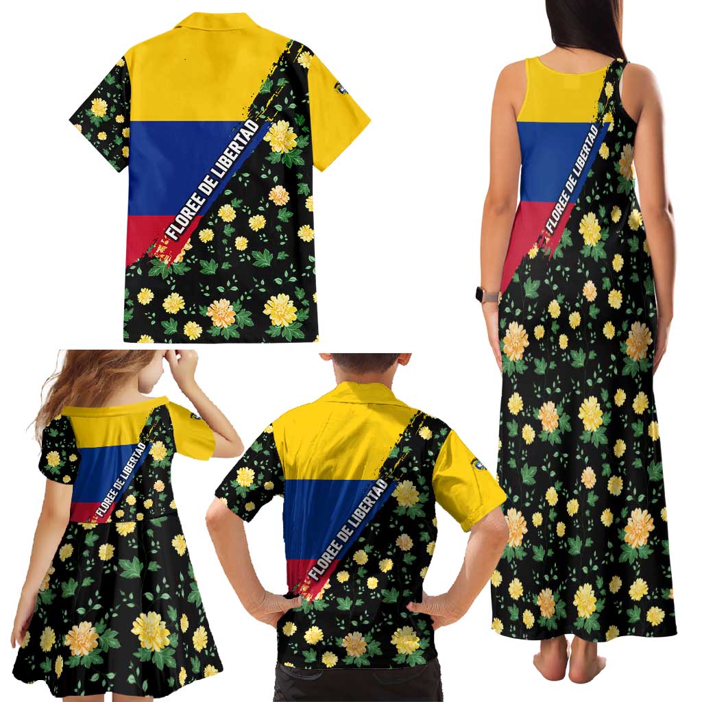 Colombia Yellow Flower Pattern Family Matching Tank Maxi Dress and Hawaiian Shirt with Flag Colors and Floree de Libertad Design - Wonder Print Shop