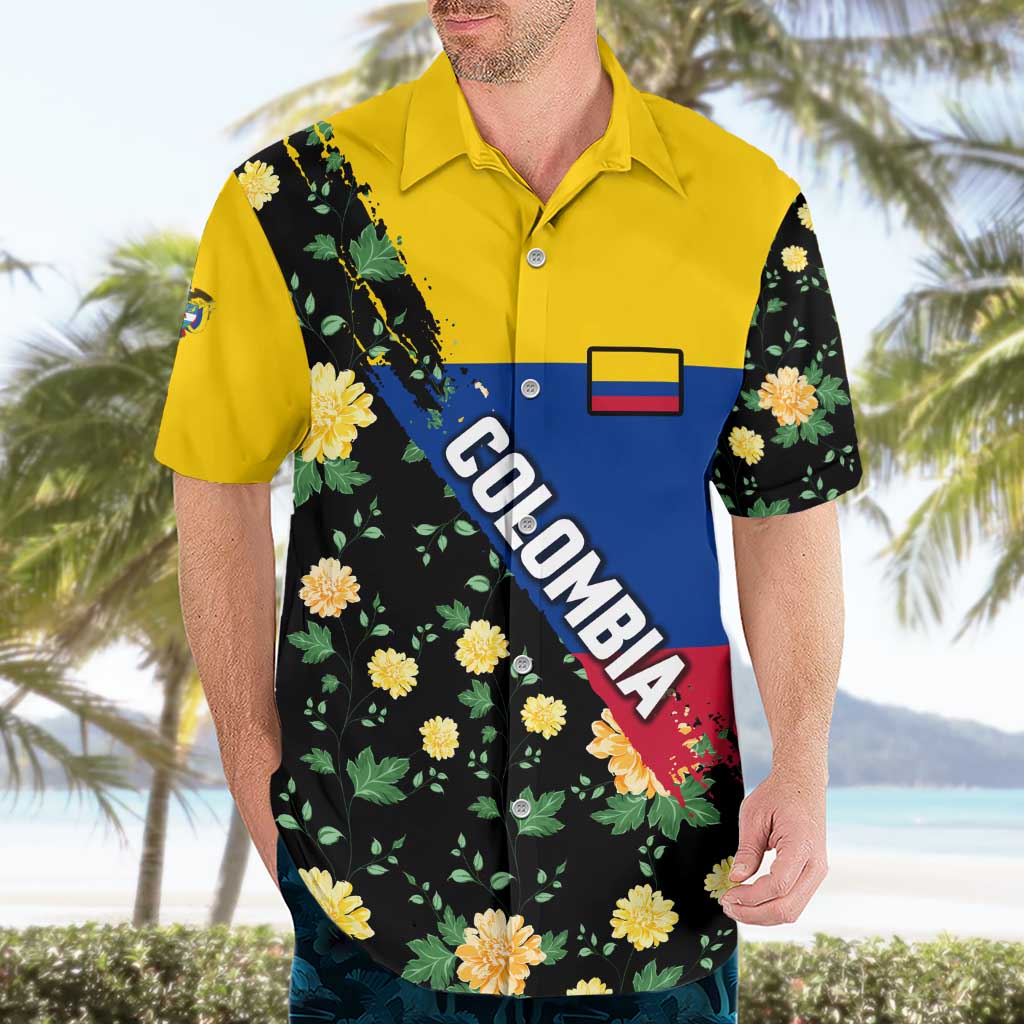 Colombia Yellow Flower Pattern Hawaiian Shirt with Flag Colors and Floree de Libertad Design - Wonder Print Shop