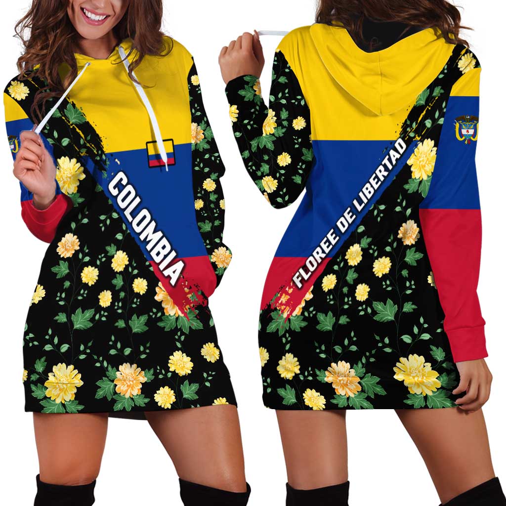 Colombia Yellow Flower Pattern Hoodie Dress with Flag Colors and Floree de Libertad Design - Wonder Print Shop
