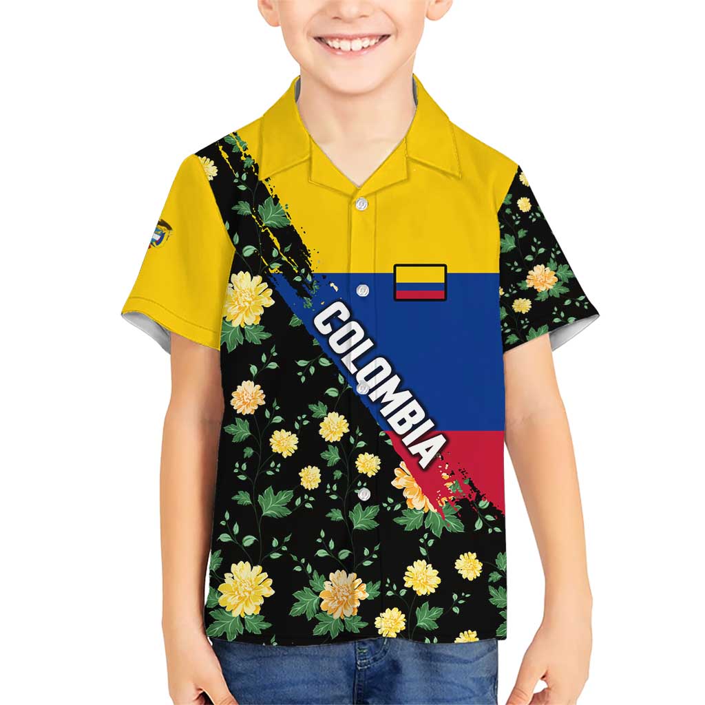 Colombia Yellow Flower Pattern Kid Hawaiian Shirt with Flag Colors and Floree de Libertad Design - Wonder Print Shop