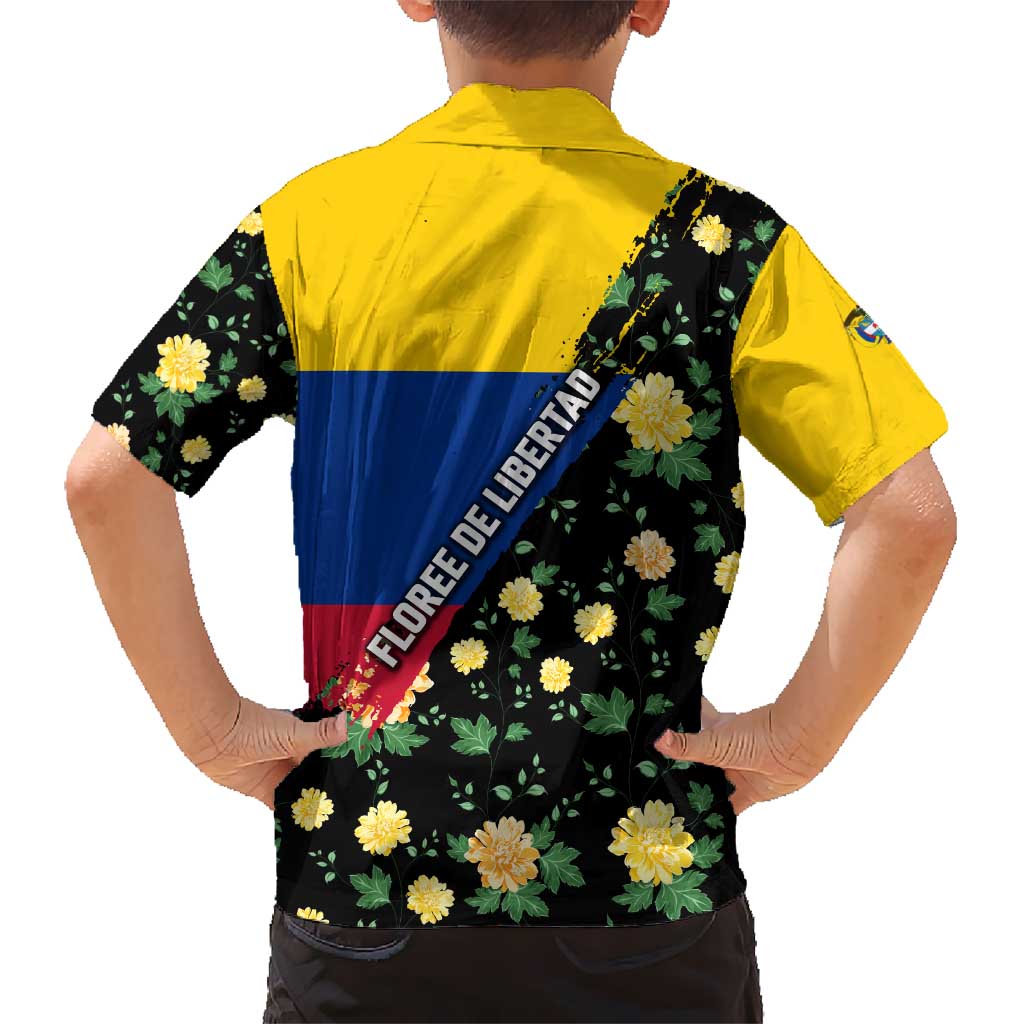 Colombia Yellow Flower Pattern Kid Hawaiian Shirt with Flag Colors and Floree de Libertad Design - Wonder Print Shop