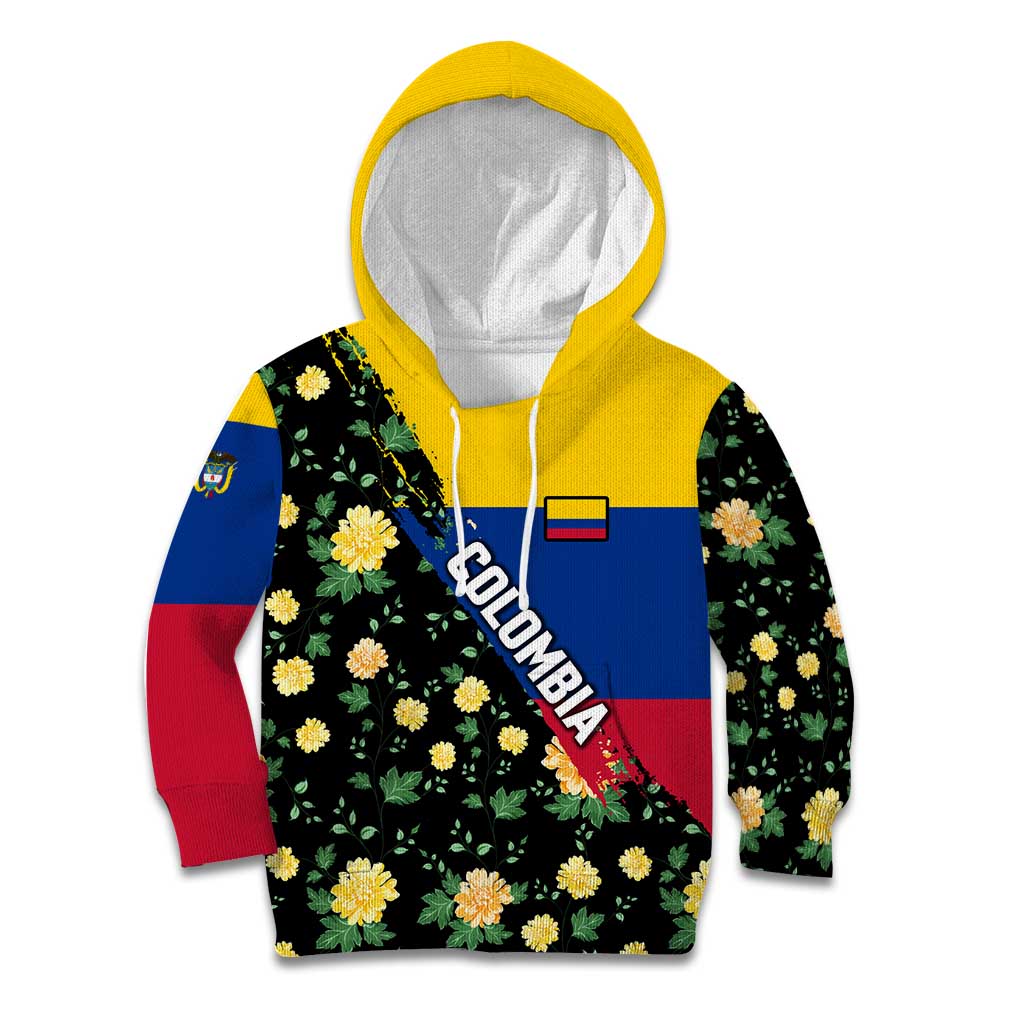 Colombia Yellow Flower Pattern Kid Hoodie with Flag Colors and Floree de Libertad Design - Wonder Print Shop