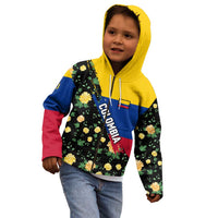 Colombia Yellow Flower Pattern Kid Hoodie with Flag Colors and Floree de Libertad Design - Wonder Print Shop