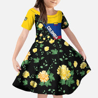 Colombia Yellow Flower Pattern Kid Short Sleeve Dress with Flag Colors and Floree de Libertad Design - Wonder Print Shop