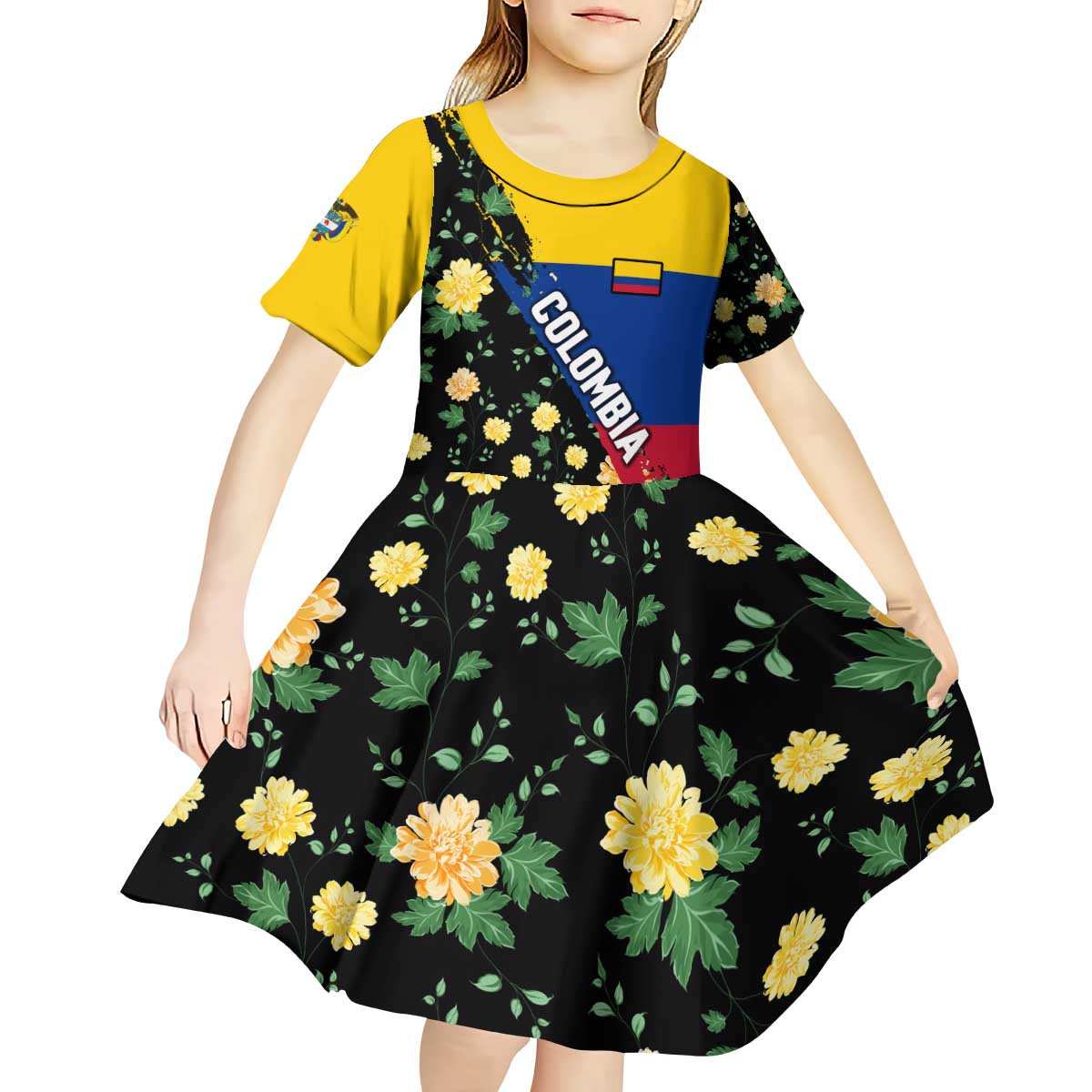 Colombia Yellow Flower Pattern Kid Short Sleeve Dress with Flag Colors and Floree de Libertad Design - Wonder Print Shop