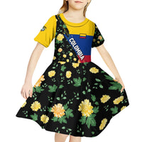 Colombia Yellow Flower Pattern Kid Short Sleeve Dress with Flag Colors and Floree de Libertad Design - Wonder Print Shop