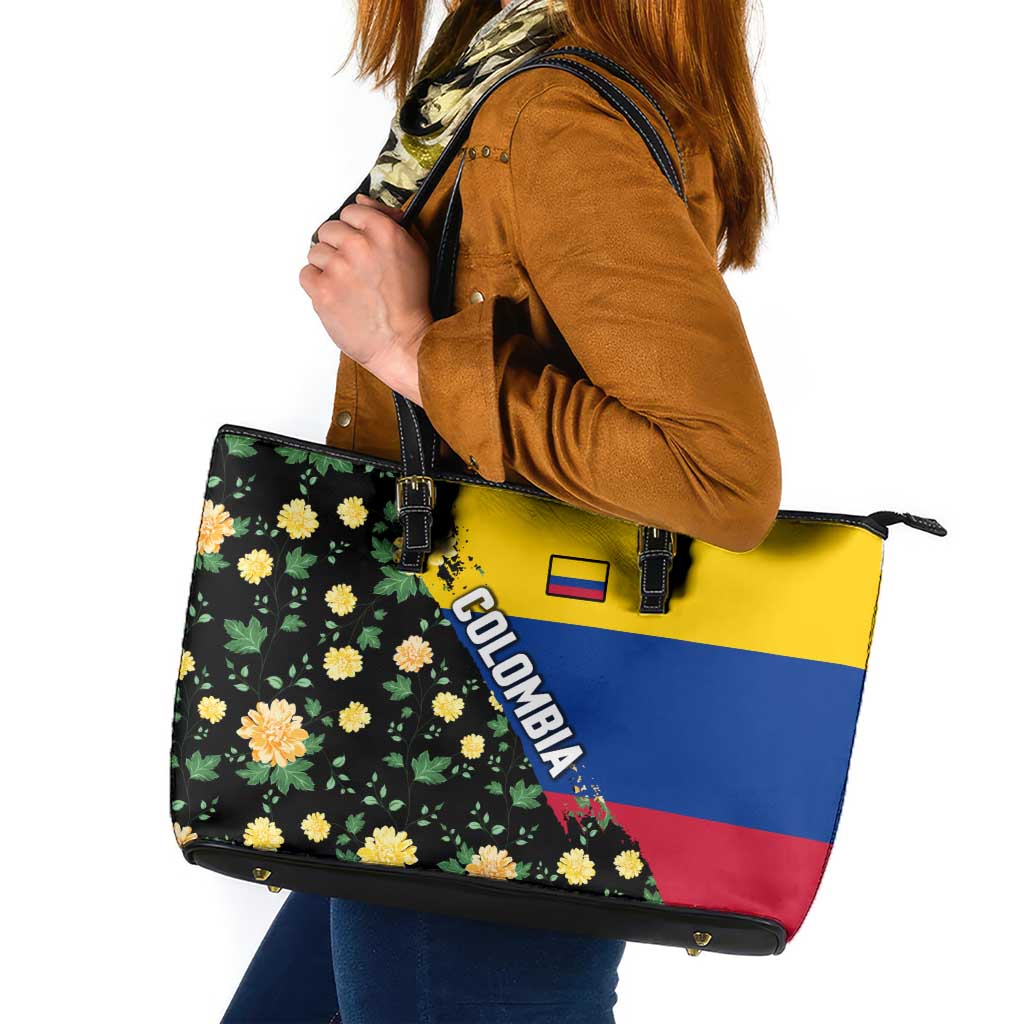 Colombia Yellow Flower Pattern Leather Tote Bag with Flag Colors and Floree de Libertad Design - Wonder Print Shop