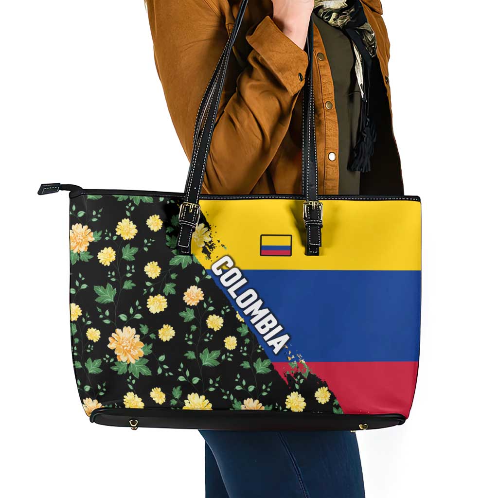 Colombia Yellow Flower Pattern Leather Tote Bag with Flag Colors and Floree de Libertad Design - Wonder Print Shop