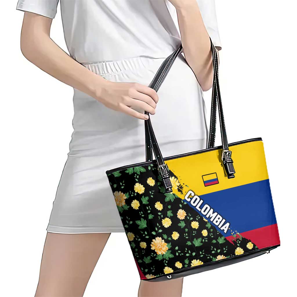 Colombia Yellow Flower Pattern Leather Tote Bag with Flag Colors and Floree de Libertad Design - Wonder Print Shop