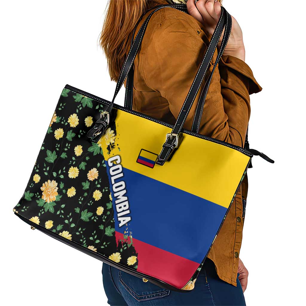 Colombia Yellow Flower Pattern Leather Tote Bag with Flag Colors and Floree de Libertad Design - Wonder Print Shop