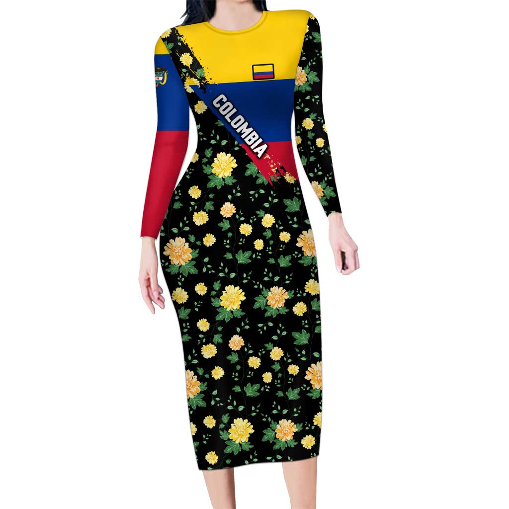 Colombia Yellow Flower Pattern Long Sleeve Bodycon Dress with Flag Colors and Floree de Libertad Design - Wonder Print Shop