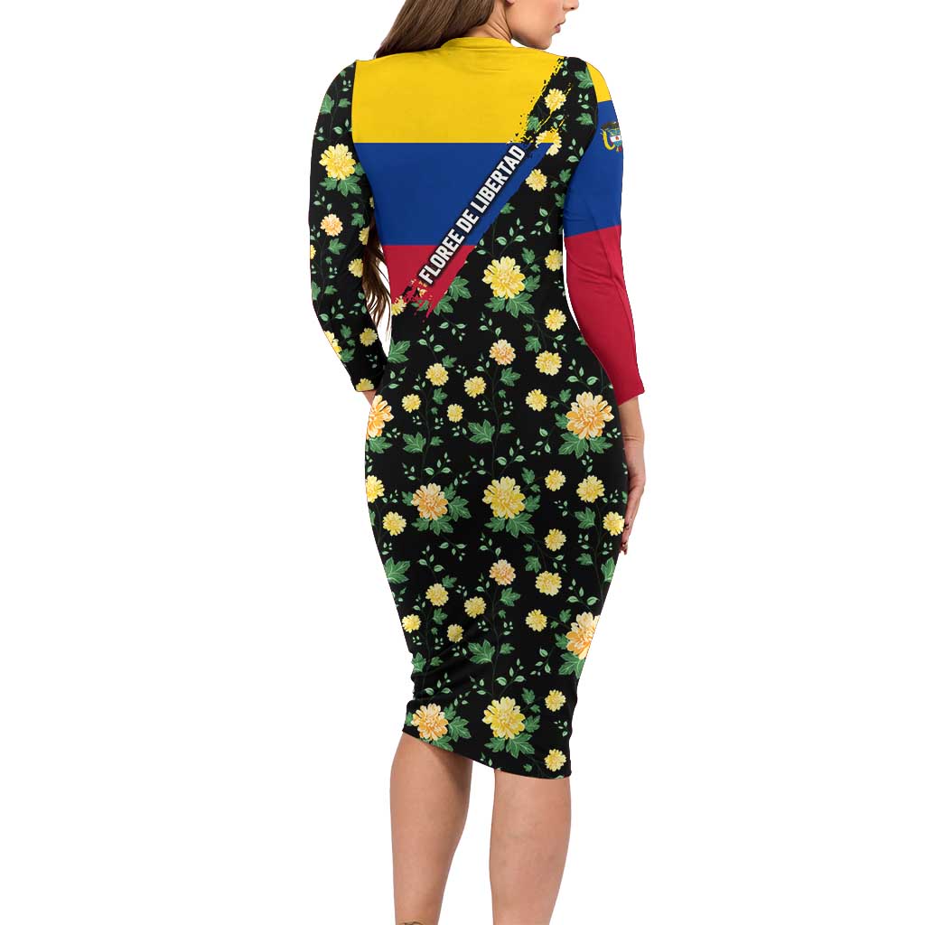 Colombia Yellow Flower Pattern Long Sleeve Bodycon Dress with Flag Colors and Floree de Libertad Design - Wonder Print Shop