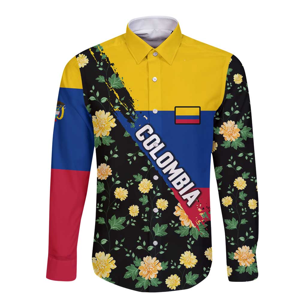 Colombia Yellow Flower Pattern Long Sleeve Button Shirt with Flag Colors and Floree de Libertad Design - Wonder Print Shop