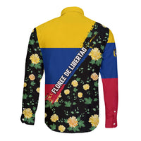 Colombia Yellow Flower Pattern Long Sleeve Button Shirt with Flag Colors and Floree de Libertad Design - Wonder Print Shop