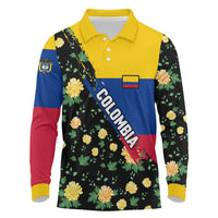Colombia Yellow Flower Pattern Long Sleeve Polo Shirt with Flag Colors and Floree de Libertad Design - Wonder Print Shop