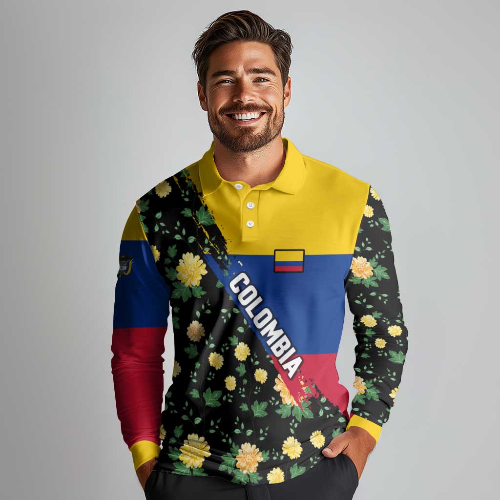 Colombia Yellow Flower Pattern Long Sleeve Polo Shirt with Flag Colors and Floree de Libertad Design - Wonder Print Shop