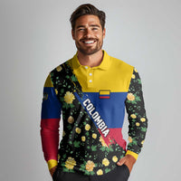 Colombia Yellow Flower Pattern Long Sleeve Polo Shirt with Flag Colors and Floree de Libertad Design - Wonder Print Shop