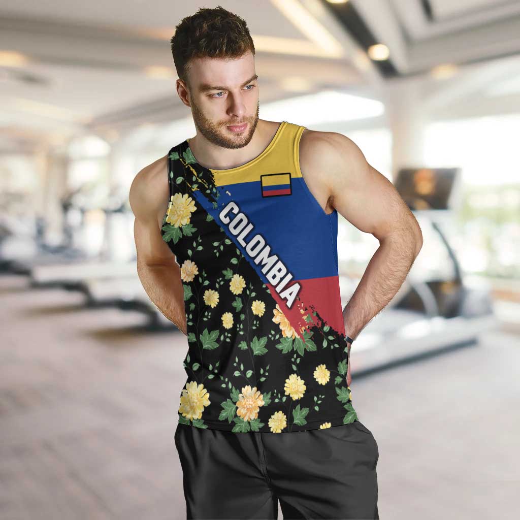 Colombia Yellow Flower Pattern Men Tank Top with Flag Colors and Floree de Libertad Design - Wonder Print Shop