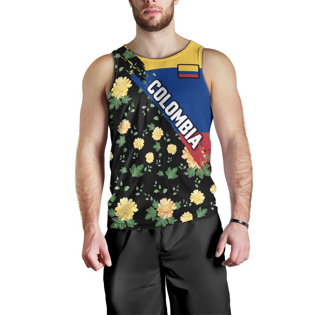 Colombia Yellow Flower Pattern Men Tank Top with Flag Colors and Floree de Libertad Design - Wonder Print Shop