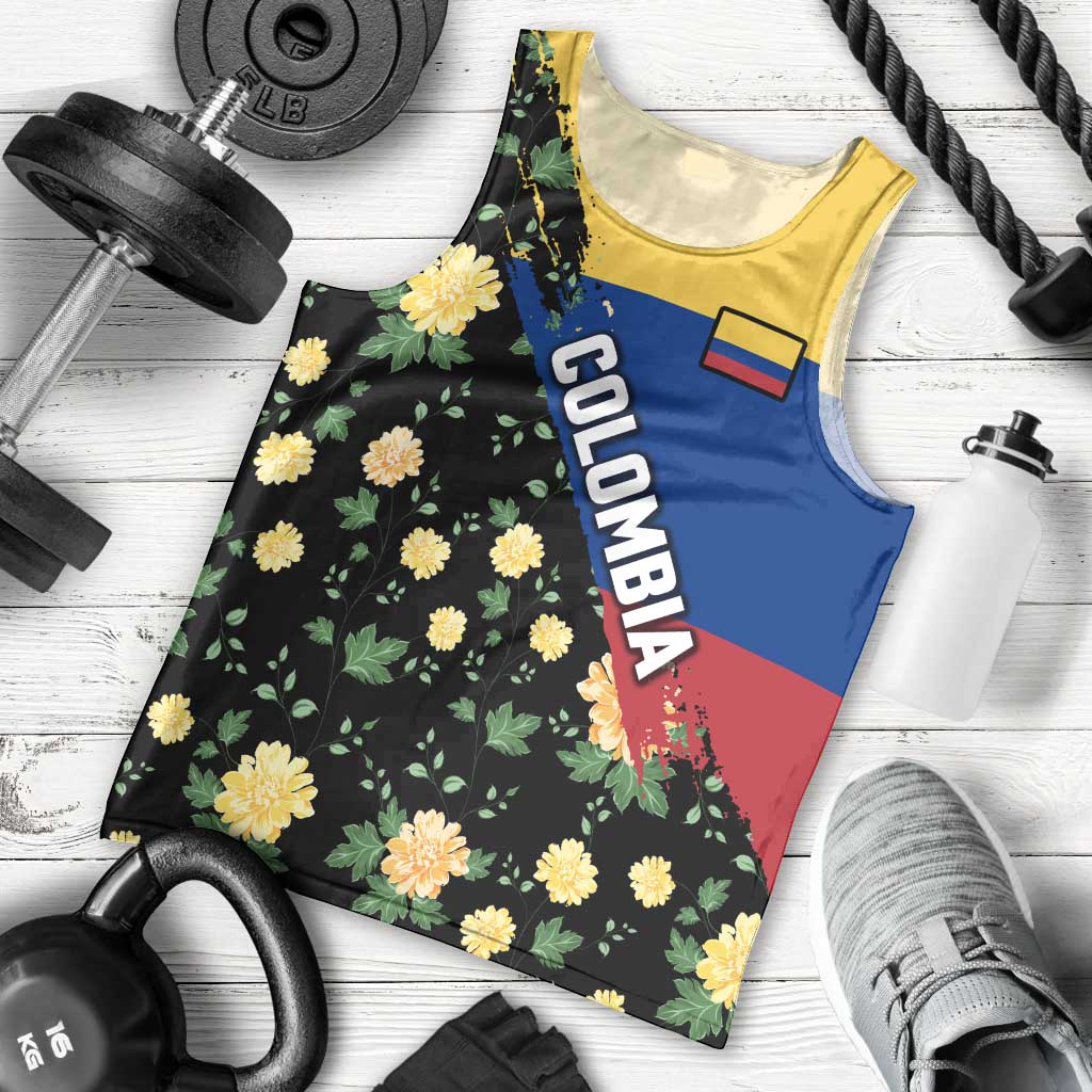 Colombia Yellow Flower Pattern Men Tank Top with Flag Colors and Floree de Libertad Design - Wonder Print Shop