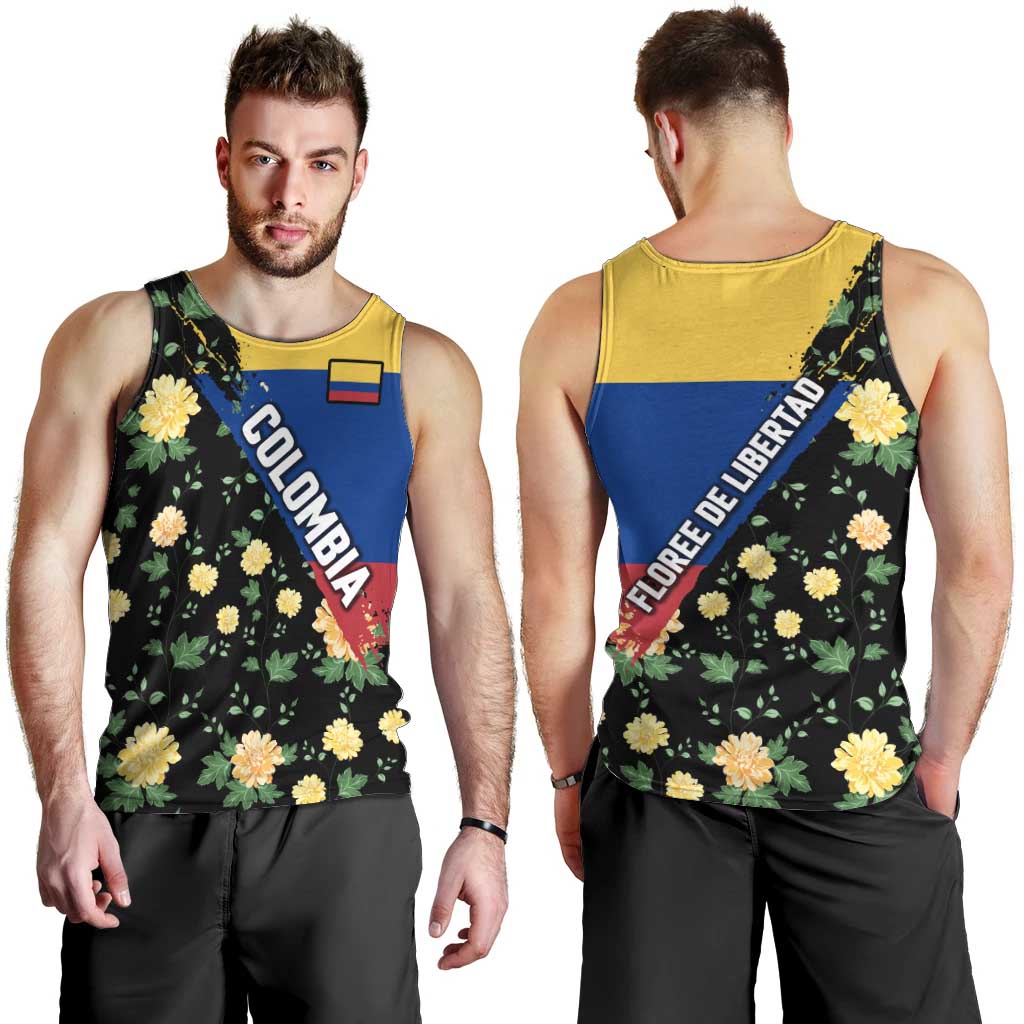 Colombia Yellow Flower Pattern Men Tank Top with Flag Colors and Floree de Libertad Design - Wonder Print Shop