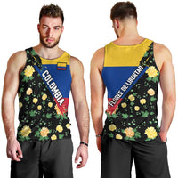 Colombia Yellow Flower Pattern Men Tank Top with Flag Colors and Floree de Libertad Design - Wonder Print Shop