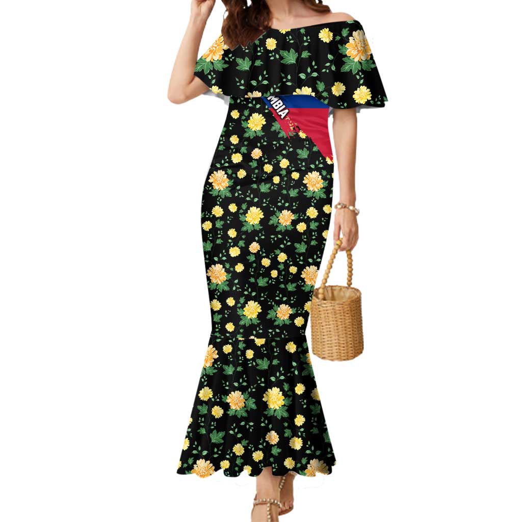 Colombia Yellow Flower Pattern Mermaid Dress with Flag Colors and Floree de Libertad Design - Wonder Print Shop