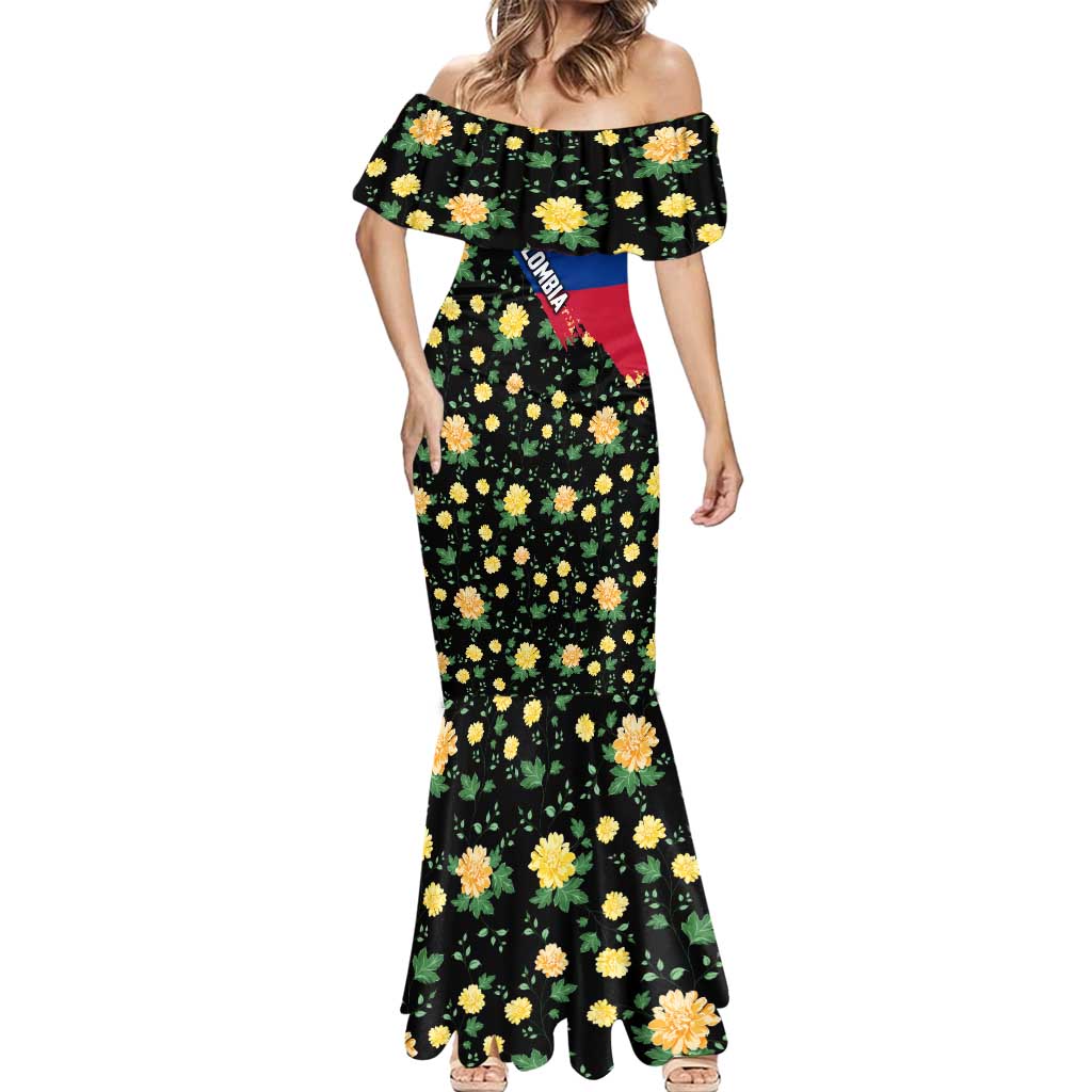 Colombia Yellow Flower Pattern Mermaid Dress with Flag Colors and Floree de Libertad Design - Wonder Print Shop
