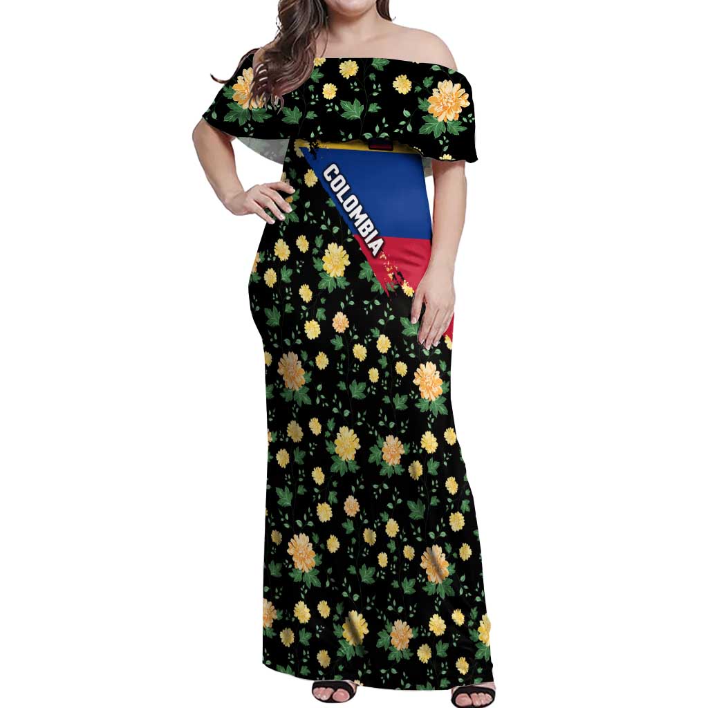 Colombia Yellow Flower Pattern Off Shoulder Maxi Dress with Flag Colors and Floree de Libertad Design - Wonder Print Shop