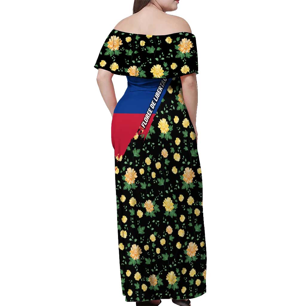 Colombia Yellow Flower Pattern Off Shoulder Maxi Dress with Flag Colors and Floree de Libertad Design - Wonder Print Shop