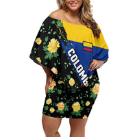 Colombia Yellow Flower Pattern Off Shoulder Short Dress with Flag Colors and Floree de Libertad Design - Wonder Print Shop