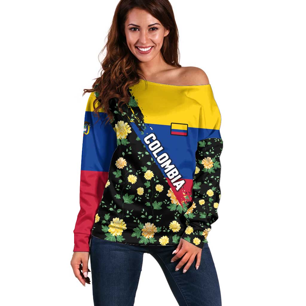 Colombia Yellow Flower Pattern Off Shoulder Sweater with Flag Colors and Floree de Libertad Design - Wonder Print Shop