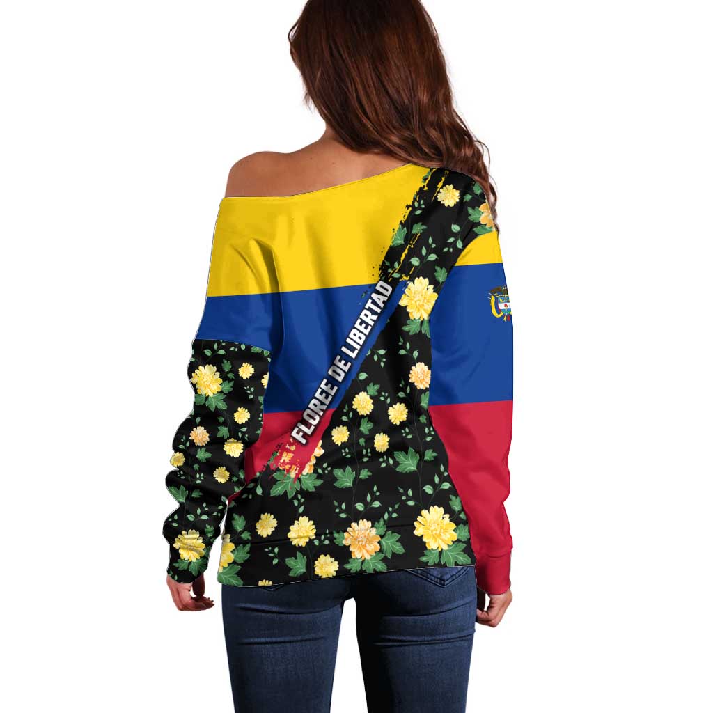 Colombia Yellow Flower Pattern Off Shoulder Sweater with Flag Colors and Floree de Libertad Design - Wonder Print Shop