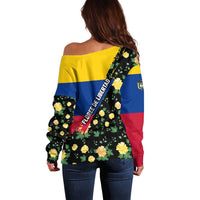 Colombia Yellow Flower Pattern Off Shoulder Sweater with Flag Colors and Floree de Libertad Design - Wonder Print Shop