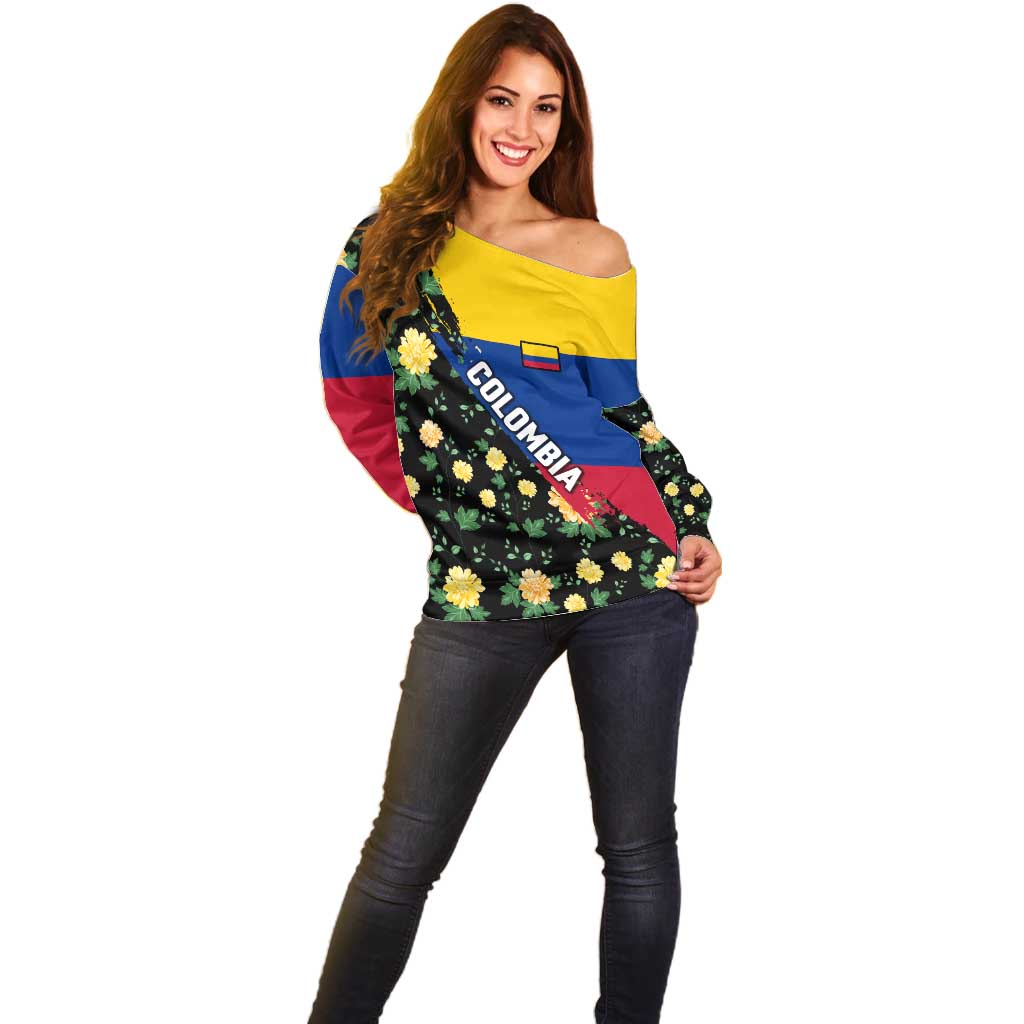 Colombia Yellow Flower Pattern Off Shoulder Sweater with Flag Colors and Floree de Libertad Design - Wonder Print Shop