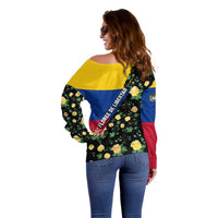 Colombia Yellow Flower Pattern Off Shoulder Sweater with Flag Colors and Floree de Libertad Design - Wonder Print Shop