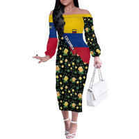 Colombia Yellow Flower Pattern Off The Shoulder Long Sleeve Dress with Flag Colors and Floree de Libertad Design - Wonder Print Shop