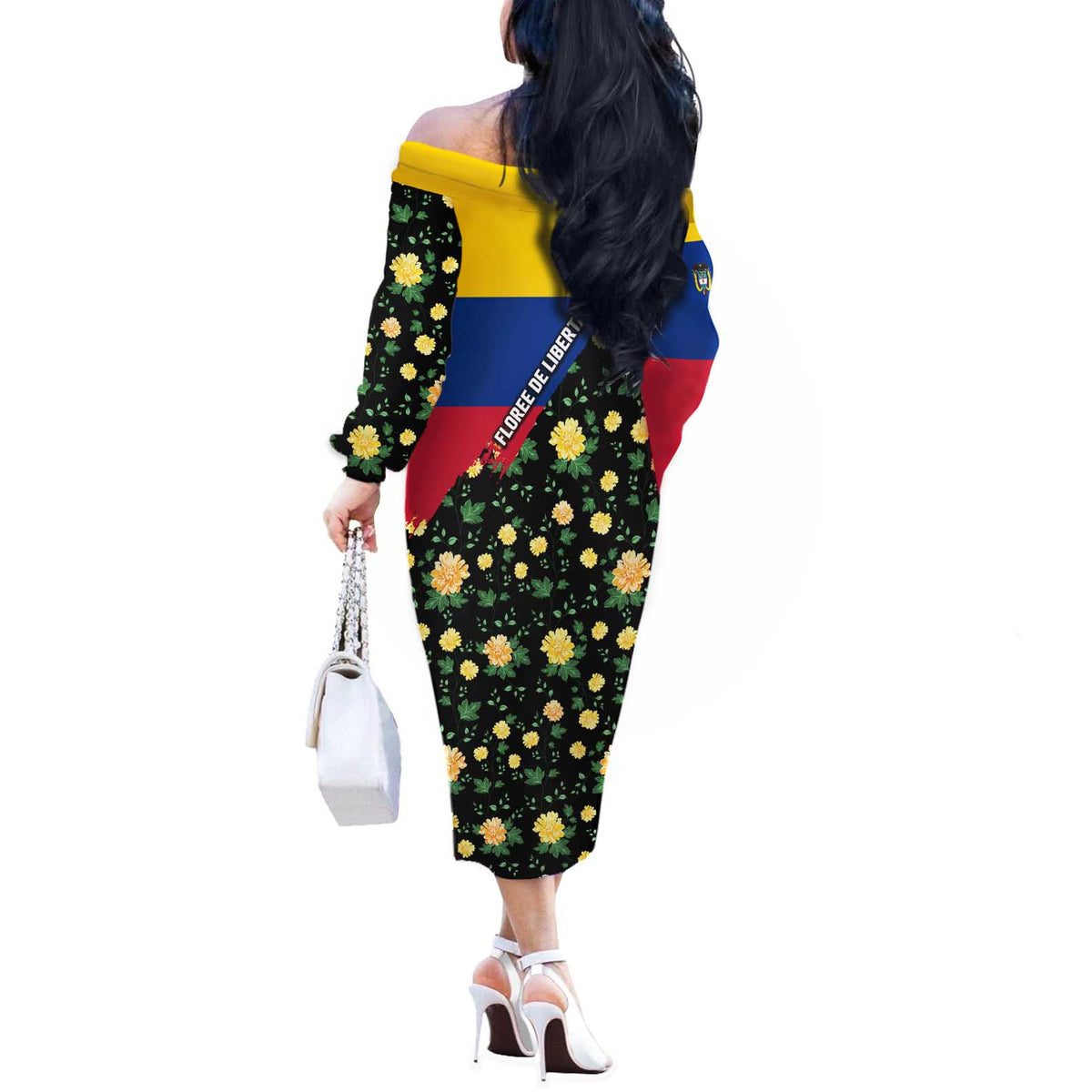 Colombia Yellow Flower Pattern Off The Shoulder Long Sleeve Dress with Flag Colors and Floree de Libertad Design - Wonder Print Shop