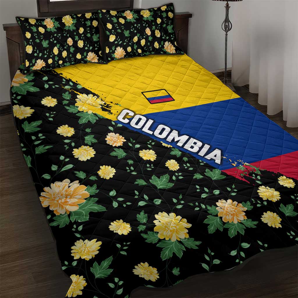 Colombia Yellow Flower Pattern Quilt Bed Set with Flag Colors and Floree de Libertad Design - Wonder Print Shop