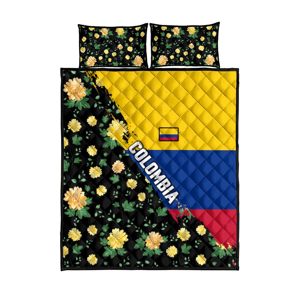 Colombia Yellow Flower Pattern Quilt Bed Set with Flag Colors and Floree de Libertad Design - Wonder Print Shop