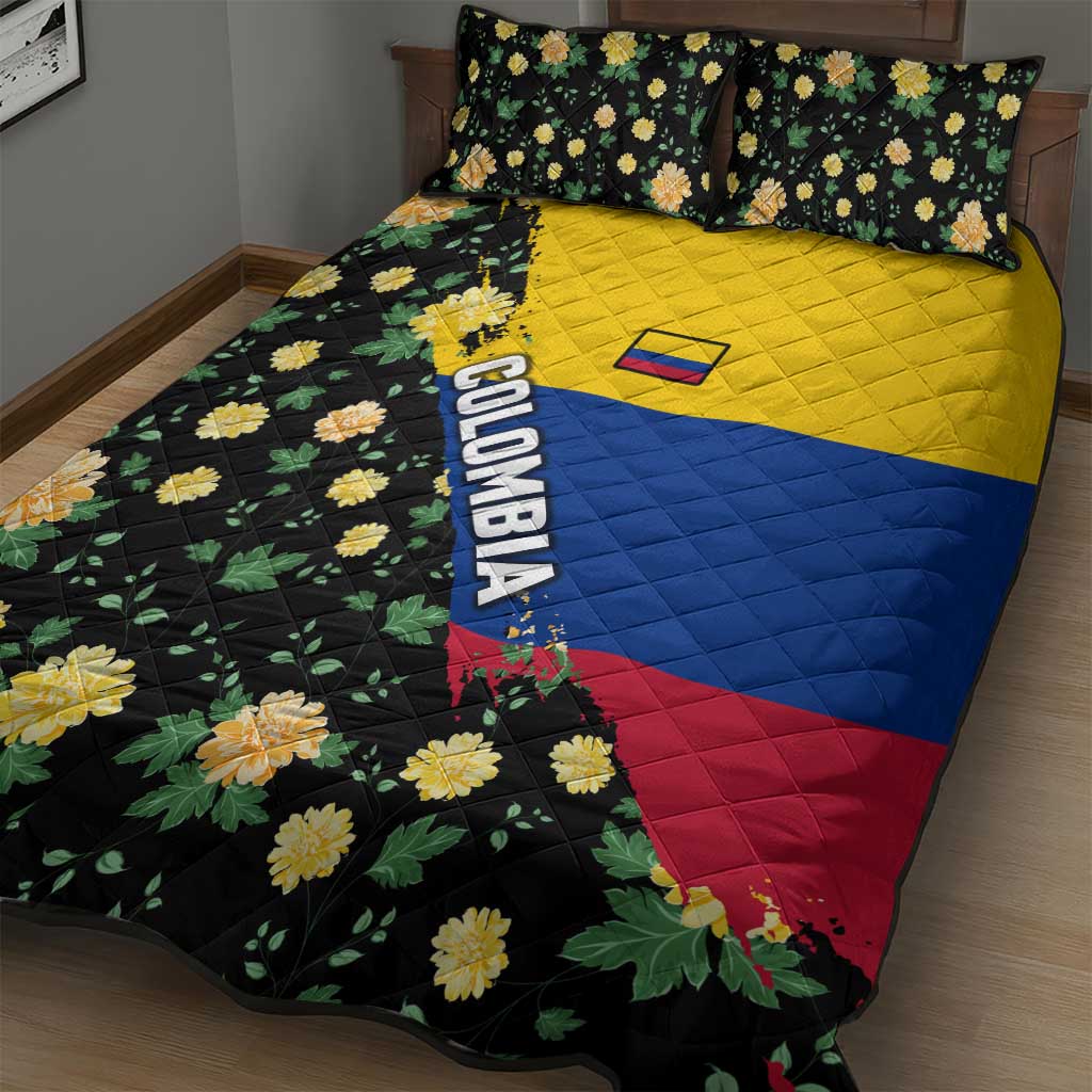 Colombia Yellow Flower Pattern Quilt Bed Set with Flag Colors and Floree de Libertad Design - Wonder Print Shop