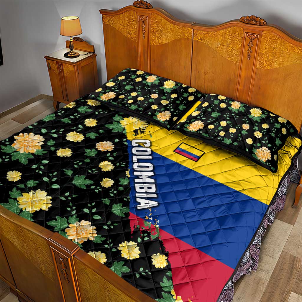 Colombia Yellow Flower Pattern Quilt Bed Set with Flag Colors and Floree de Libertad Design - Wonder Print Shop